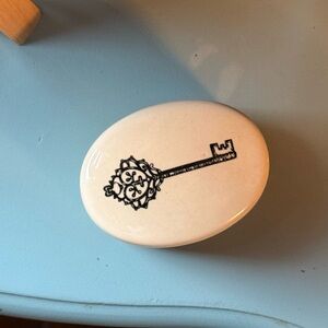 John Derian Style Oval Ceramic Trinket Dish with Decorative Key Motif - White